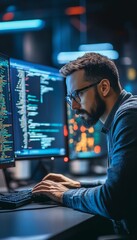 Focused Software Developer Working Late, Programming, Technology, Cybersecurity Concept.