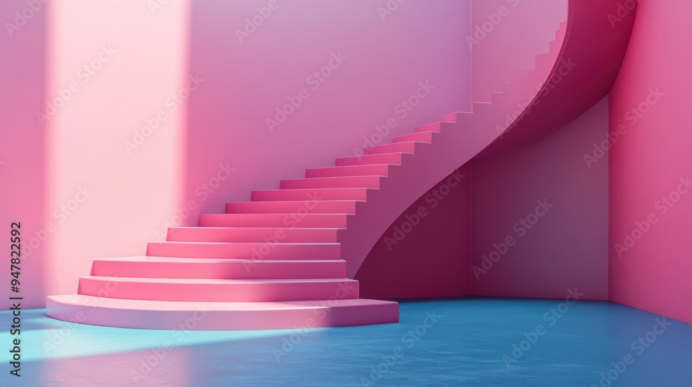 Leinwandbilder 3d render abstract minimal backgroun3d pink steps stairs isolate3d on blue blank pedestal empty podi
