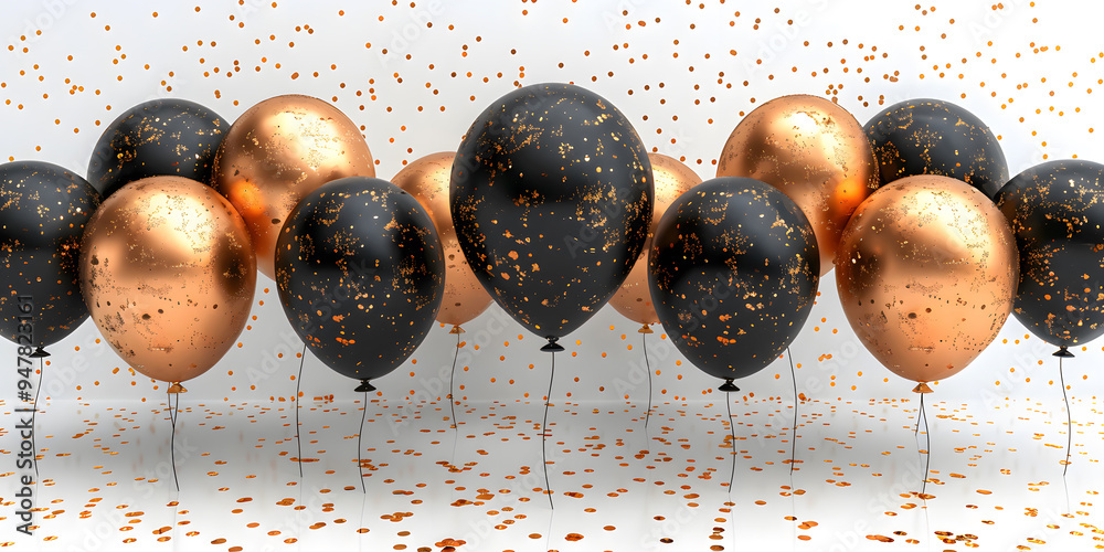 Wall mural close-up 3d chrome gold and black balloons for weddings and holidays, isolated on a white background