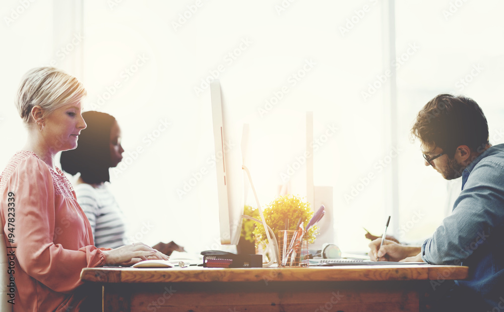 Poster people, working and tech in office for business, productivity and daily agenda. man, women and busy 