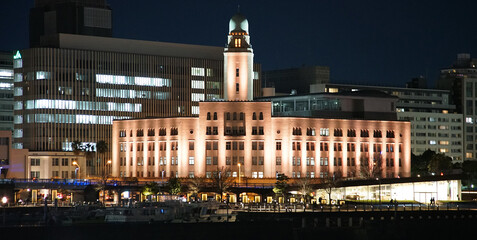 Historic illuminated building sight at night in Yokohama City, Japan