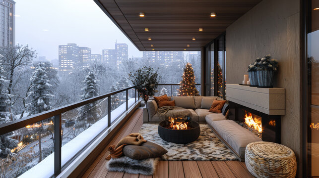 Cozy winter terrace with a fire pit overlooking a snowy cityscape during the evening