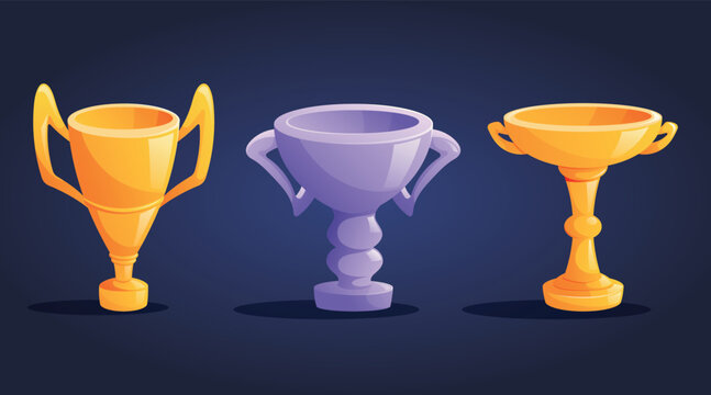 Golden and silver trophy cups of the winner. Competition award, goblet with handles. Vector set of isolated on white cartoon illustrations.