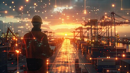 A worker observes a sunset over a busy shipping port, highlighting industrial progress and technology in logistics.