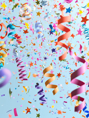 Fototapeta premium A colorful explosion of confetti and streamers with a blue sky background