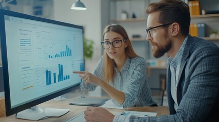 Team analyzing data trends and graphs in modern office setting during daytime meeting