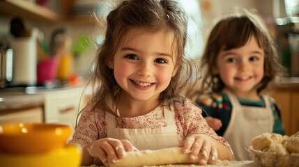 Fototapeta premium Two cheerful children playfully roll dough in a cozy kitchen filled with warmth and joy, creating sweet memories together.