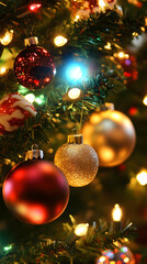 A close-up of shiny Christmas lights and colorful ornaments on a festive tree creates a warm and joyful holiday atmosphere