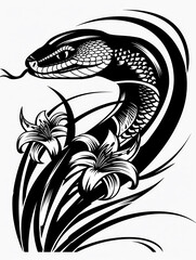 A snake with a flower on its head. The snake is surrounded by grass