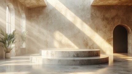 Fototapeta premium 3d render abstract monochrome beige backgroun3d modern minimal showcase scene with empty podium an3d sunlight rays for premium product presentation