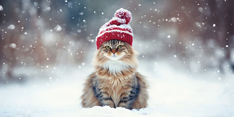 A fluffy cat wearing a knitted hat sits gracefully in the snow surrounded by softly falling snowflakes creating a whimsical winter scene