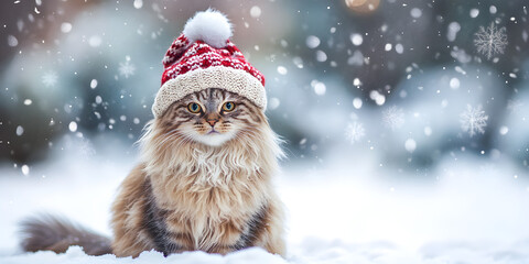 A fluffy cat in a knitted hat sits in the snow, surrounded by falling snowflakes and a festive atmosphere