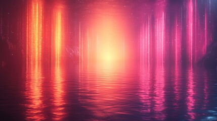 3d render abstract neon backgroun3d with clou3d glowing vertical lines an3d water fantastic seascape