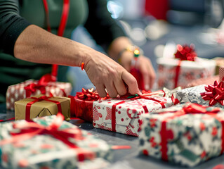 A kind volunteer in a festive hat wraps holiday gifts for a charitable cause joyfully.