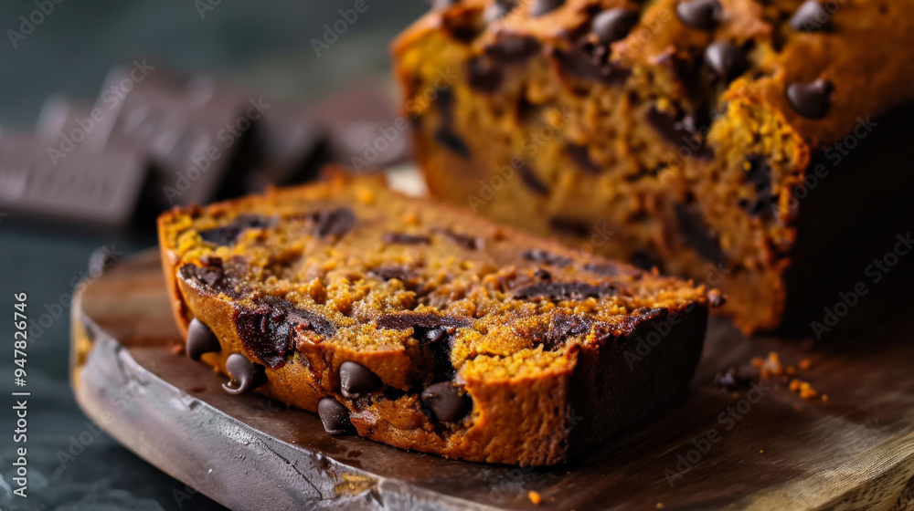 Wall mural a freshly baked loaf of pumpkin bread is sliced, revealing its moist texture, surrounded by scattere