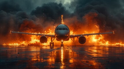 A burning passenger plane illuminates the night sky, a fiery sight as flames engulf the aircraft. The plane engulfed in flames during its descent at the airfield.