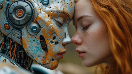 With genuine love and affection, the young woman and the robot gaze at each other tenderly.