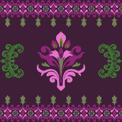 Abstract purple flowers in tribal style on a dark purple background.

