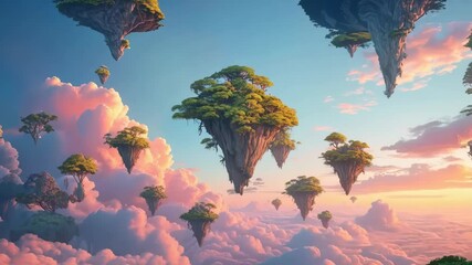 Lush floating islands hover in a pastel sunset sky. Ethereal clouds drift between the islands, bathed in soft pink and orange hues. Vibrant vegetation crowns each suspended landmass.	 - Powered by Adobe