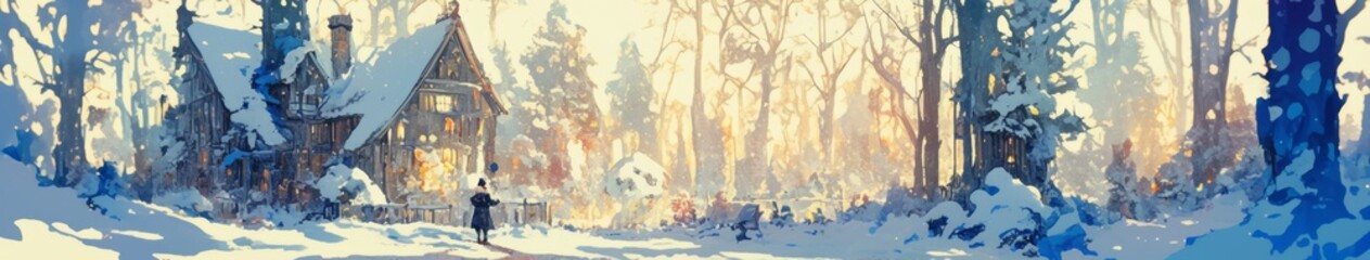 Enchanting Anime-Style Winter Wonderland: Fairy Tale Castle in Snowy Forest with Sunlit Mountains. Dreamy Cartoon Landscape for Holiday Marketing, Featuring Magical Woodland, Cozy Cabin, and Serene At