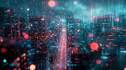 Futuristic Cityscape with Neon Lights and Data Streams