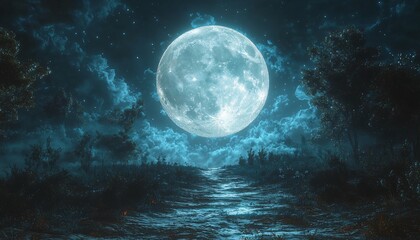 Fototapeta premium A mystical dark fairy tale forest path illuminated by a glowing full moon, perfect for Halloween-themed designs or spooky storytelling, with copy space.