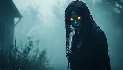 A spooky female ghost with glowing eyes embodies a chilling Halloween vibe, perfect for themed parties, decorations, or marketing materials for the holiday with copy space.