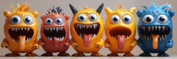 A vibrant and playful Halloween-themed image featuring colorful cartoon monsters, perfect for spooky celebrations and children's event invitations with copy space.