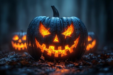 Spooky Halloween scene featuring illuminated jack-o'-lanterns, perfect for event promotions, party invitations, or seasonal decor with copy space.