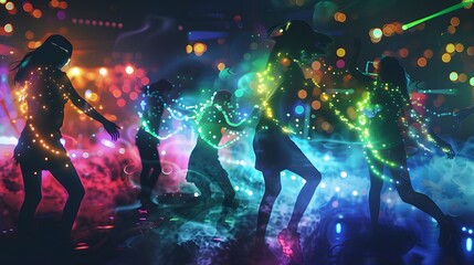 Obraz premium Silhouettes of People Dancing in a Neon-Lit Night Club