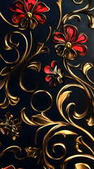 Elegant floral pattern with red flowers and golden swirls on a dark background creating a luxurious and artistic atmosphere