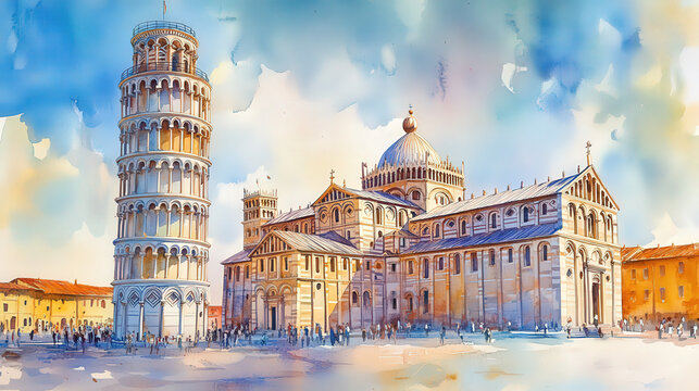 Torre Pendente, Pisa, wall art leaning tower in watercolor styles