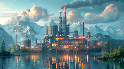 Polluted factory, smokestacks of the factory with smoke coming out. Environmental pollution. Smog. Environmental and industrial problem polluting the planet, air pollution by industrial activities