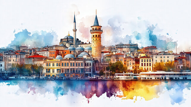 Galata Tower, Istanbul, soft watercolor shades smooth borders. 