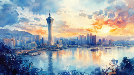 Obraz premium Macau Tower, fine watercolor lines, no shadow, crisp detailing. 