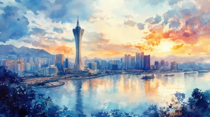 Macau Tower, fine watercolor lines, no shadow, crisp detailing. 