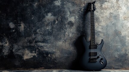 A guitar is leaning against a brick wall