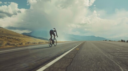 Fototapeta premium A lone cyclist rides along an expansive open road, embraced by stunning natural scenery and vast skies.