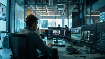 Fototapeta premium A man working in a high-tech office with multiple computer monitors, focusing intently on an intricate project in a modern, glass-enclosed space.