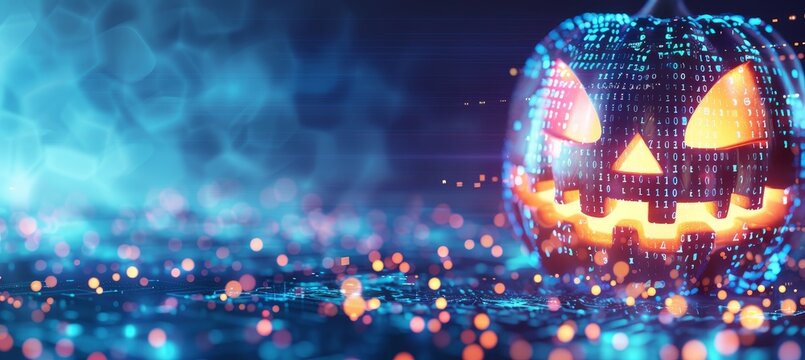 Digital Halloween Pumpkin With Binary Code on a Blue Festive Bokeh Background. Festive Illustration. - Powered by Adobe