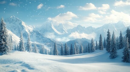 A snowy landscape with a mountain in the background