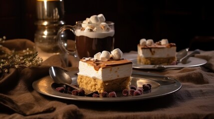 Delicious Marshmallow Topped Cake and Hot Chocolate