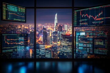 multiple screen graphic markets finance, stock and business on city view background, office station ina tower city, night blue palette lights