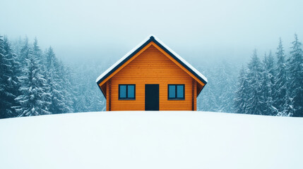 Rustic cabin nestled in snowy mountain range, winter landscape with frosted trees and white sky
