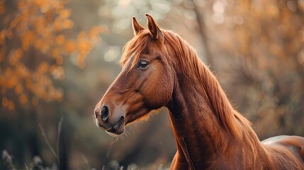 Fototapeta premium Closeup brown horse stands in a meadow farm