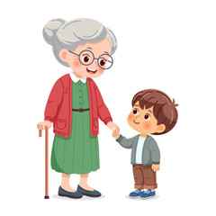 Grandmother holding a cane looks on happily as she holds the hand of a little boy who is helping her