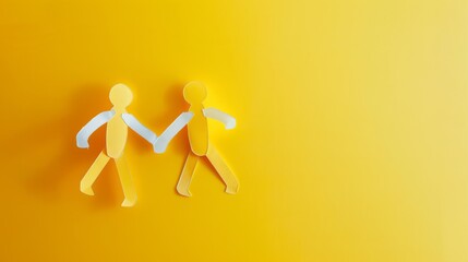 Two stylized paper figures holding hands on a vibrant yellow background symbolize unity, teamwork, or friendship in a minimalistic design.