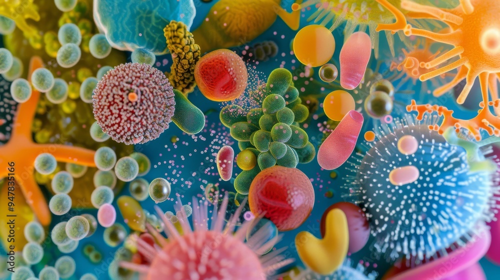 Wall mural a captivating close-up of colorful, microscopic organisms in various shapes and sizes, illustrating 