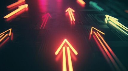 Brightly colored arrows point upwards in a dramatic display, symbolizing progress and forward momentum on a digital backdrop.