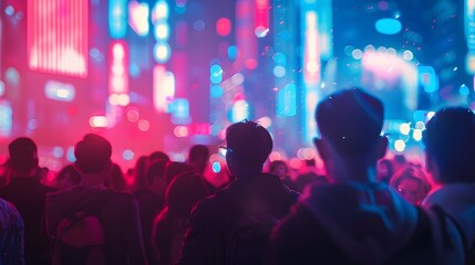 Crowd at a cyberpunk event, neon lights and bokeh effect, beautiful mind style
